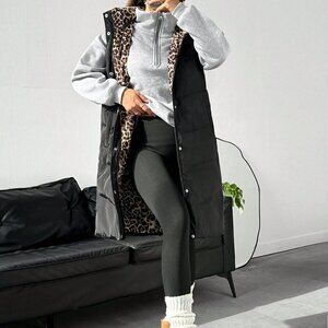 Black Casual Women's Front Button Sleeveless Hooded Padded Coat